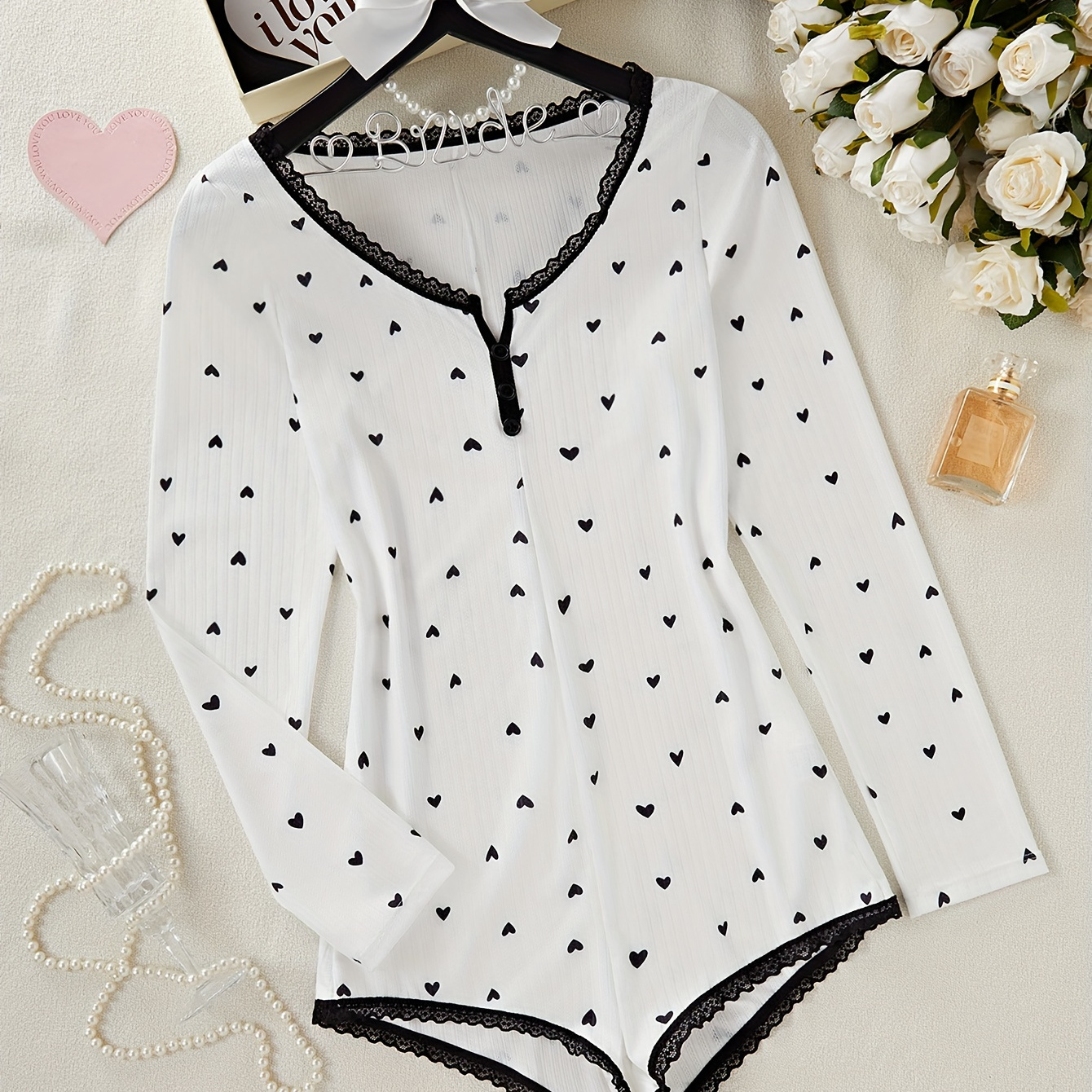 

Women's Sexy Heart Print Long Sleeve Bodysuit With Lace Trim - Comfy Polyester , Semi-sheer Sleepwear