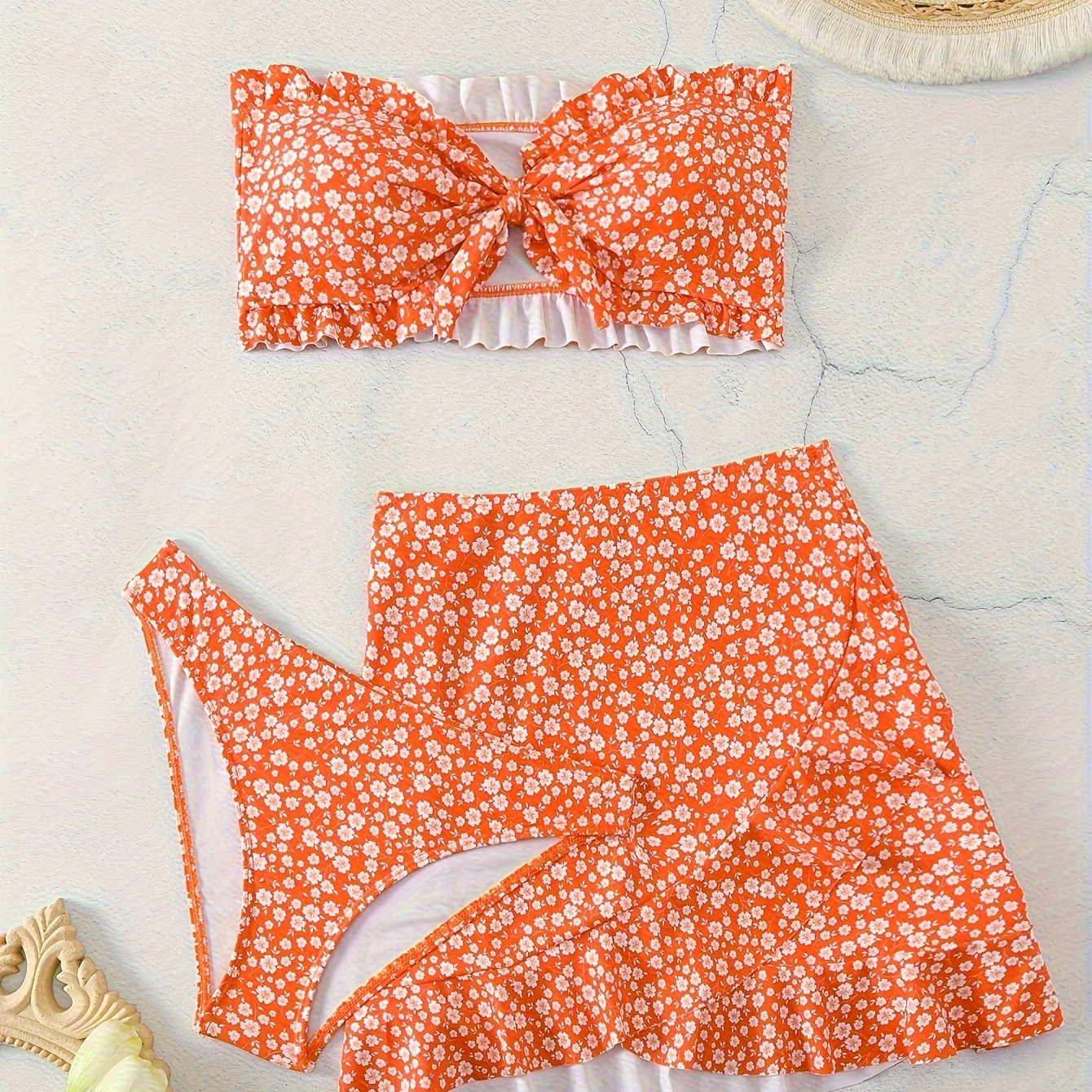 

Tangerine Red Ditsy Floral Print Ruffle 3 Piece Set Bikini & Cover Up Skirt, Bandeau Knot Front Stretchy Swimsuits, Women's Swimwear & Clothing