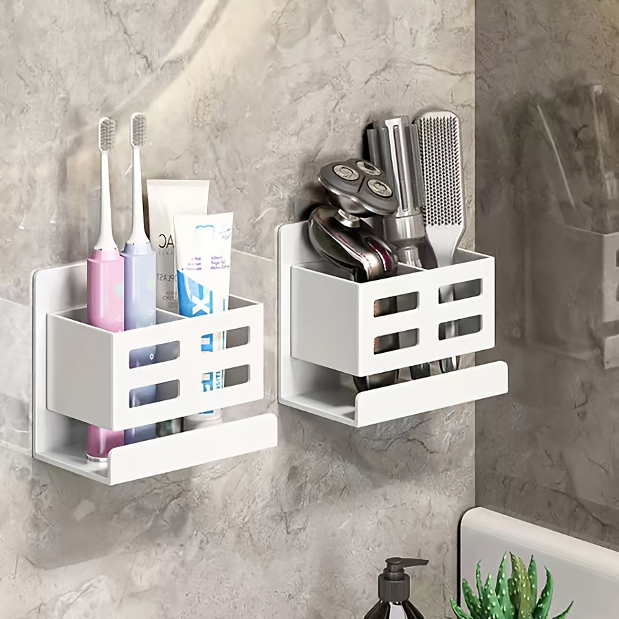 

Stainless Steel Wall-mounted Bathroom Organizer Shelf, No-drill Adhesive Shower Caddy For Toothbrush, Electric Toothbrush, Comb, Makeup Brushes - Multi-functional Space Aluminum Storage Rack