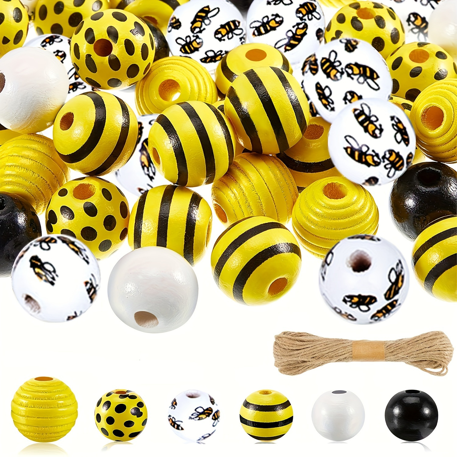 

60pcs 16mm Bee Honeycomb Wood Beads With Rope Spring Summer Loose Polished Rustic Farmhouse Spacer Beads For Bee Day Themed Beaded Decorations Jewelry Making Supplies