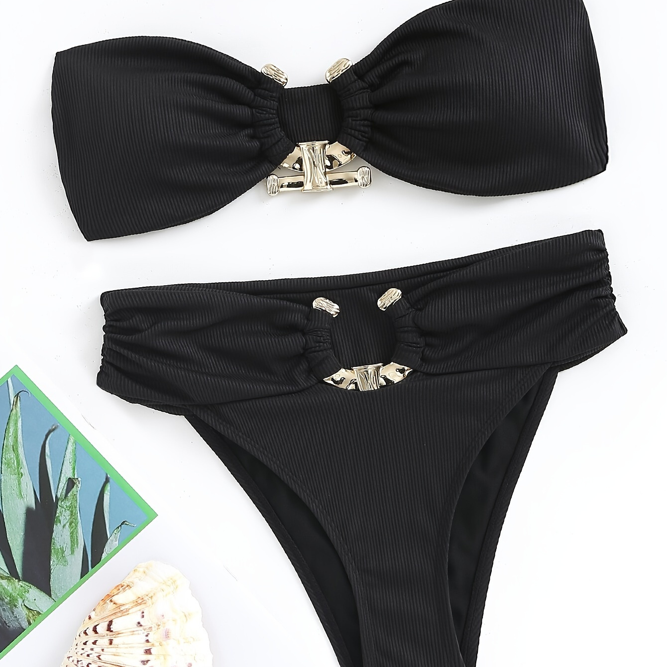 

Black Ring-linked Bikini Sets, Tube Top Bandeau High Cut 2 Pieces Swimsuit, Women's Swimwear & Clothing Valentine's Day