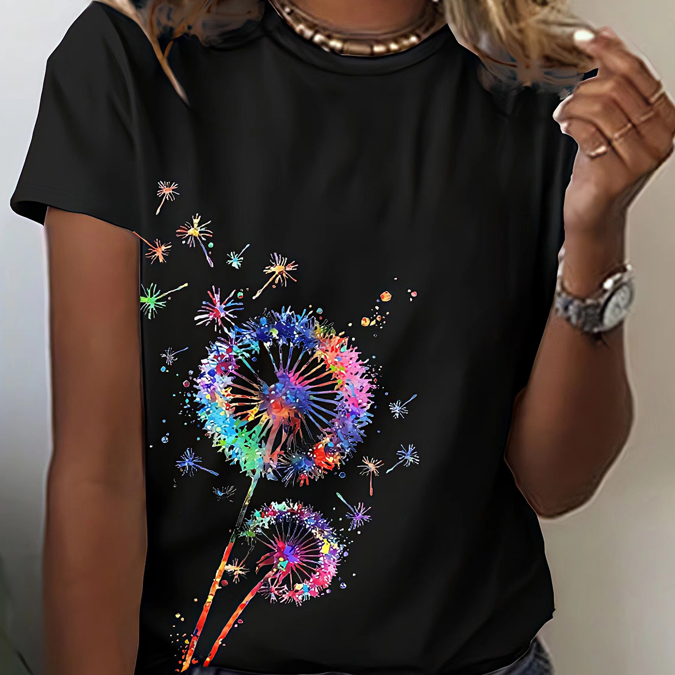 

Dandelion Print Crew Neck T-shirt, Casual Short Sleeve T-shirt For Spring & Summer, Women's Clothing