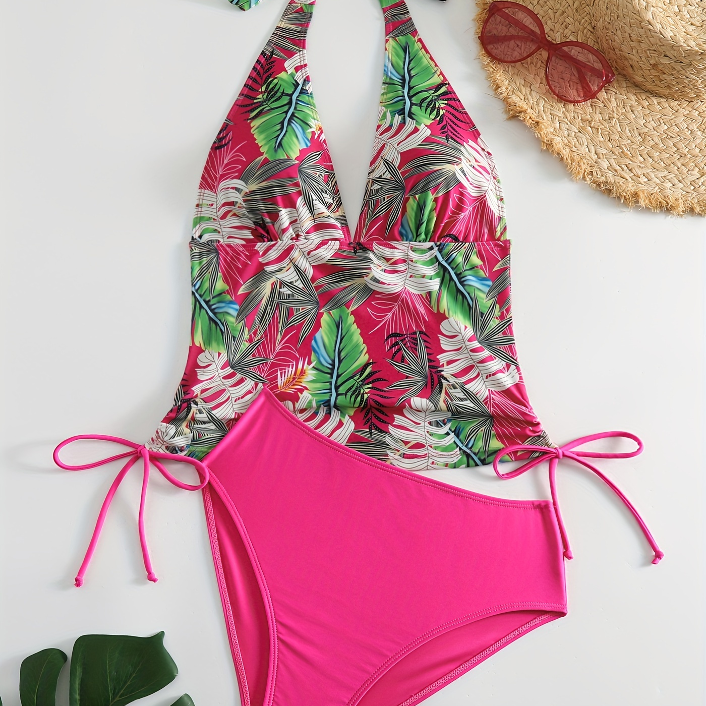 

Dark Pink Tropical Print Tankini Sets, Halter V Neck Drawstring Tie Side High Cut 2 Pieces Swimsuit, Women's Swimwear & Clothing Valentine's Day