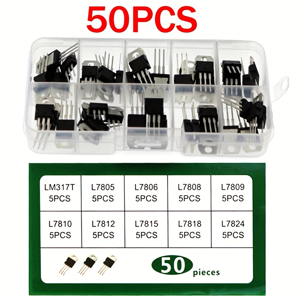 

50pcs To-220 High-power Transistor Assortment Kit With 10 Specifications Lm317t, Aluminum Alloy And Silicone Material, For Room Electrical/hard Wiring, Operating Voltage 36v-100v