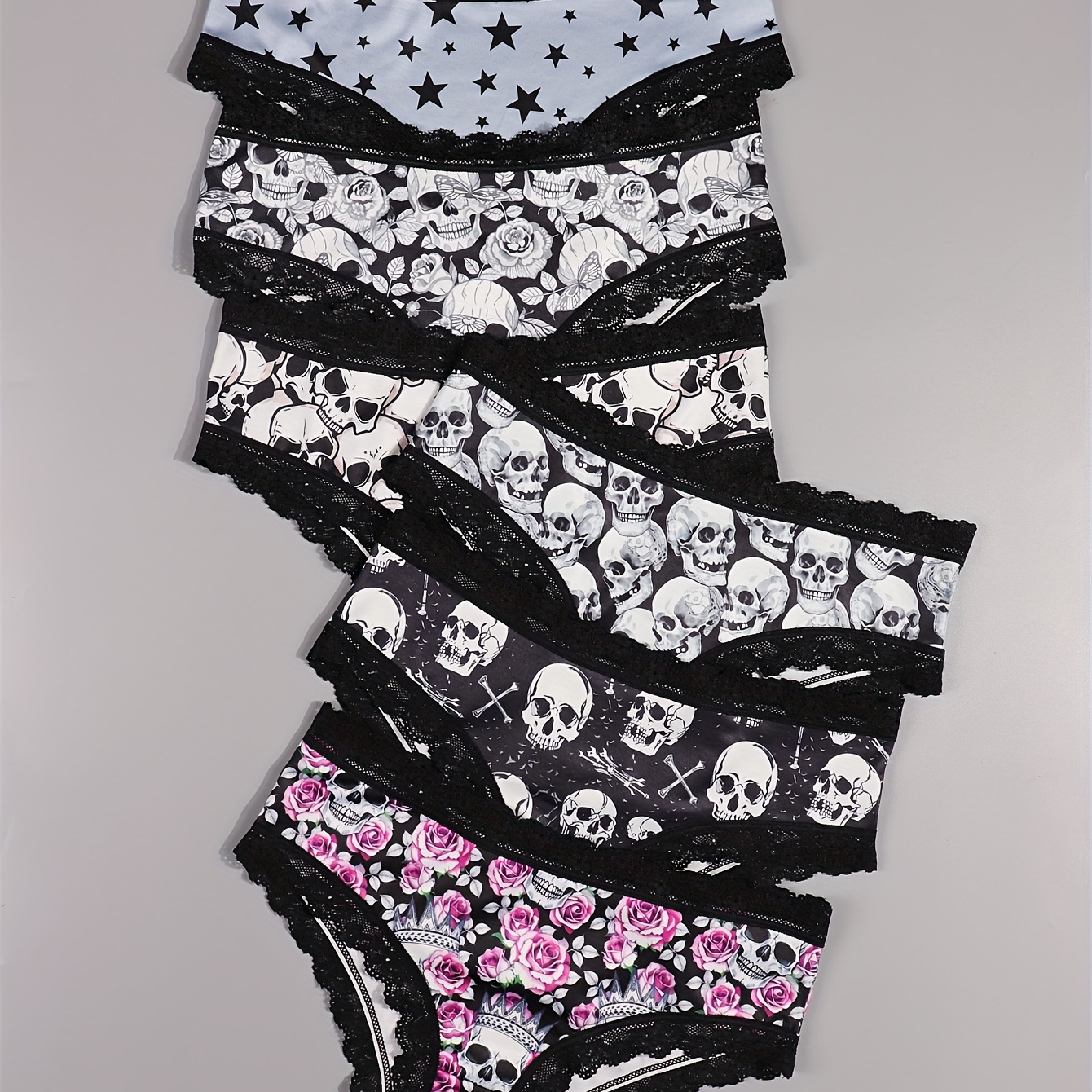 

6pcs Sexy Women Gothic Lace Hipster Panties Low Waisted Bikinis, Halloween Rose Skull & Stars & Skeleton Man Print Intimates Panties, Women's Underwear & Lingerie