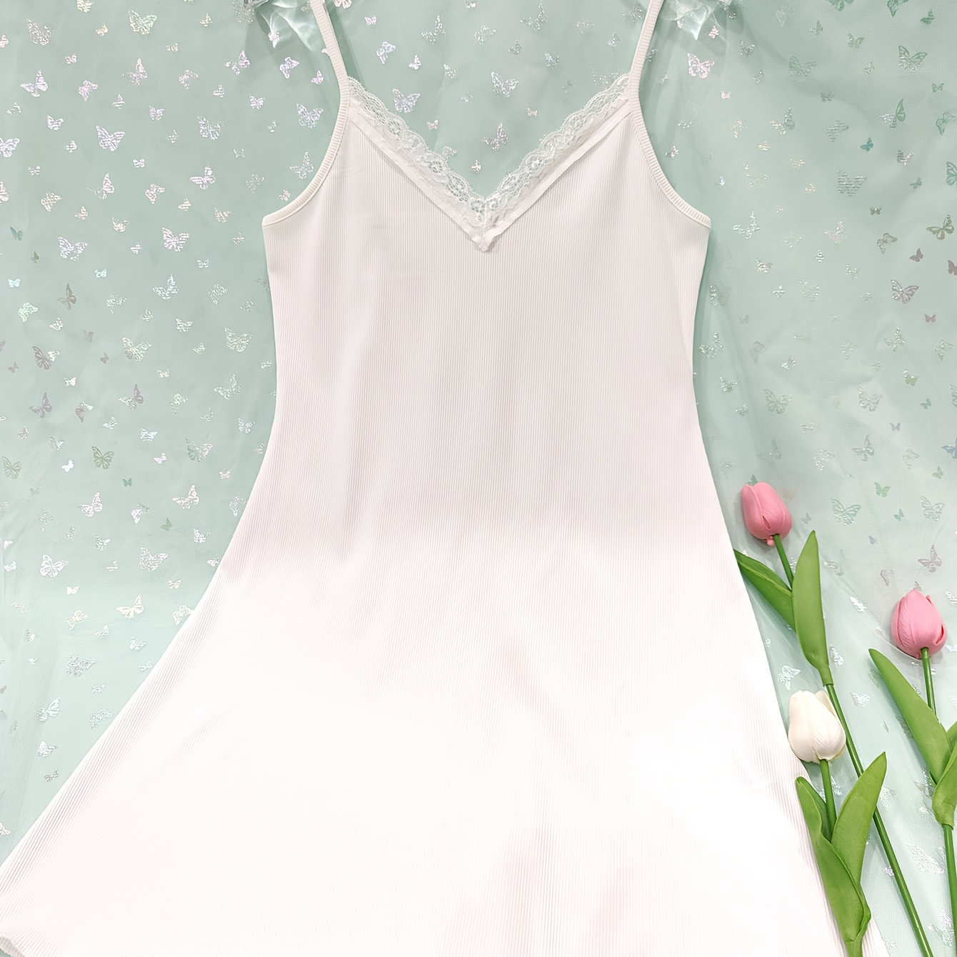 

White Ribbed Slip Nightdress, Lace Trim V Neck Spaghetti Strap Sleep Dress, Women's Sleepwear & Dresses