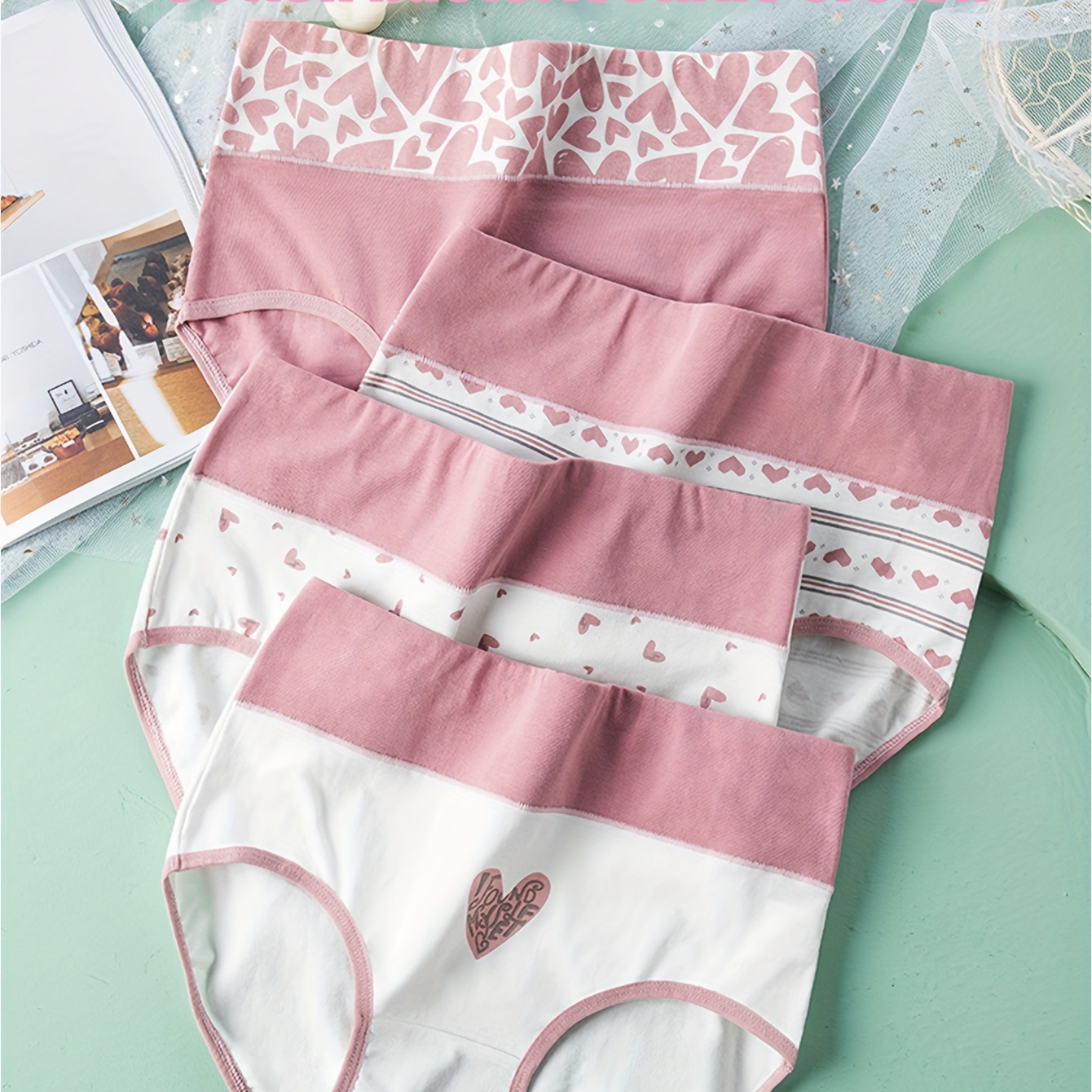 

4pcs Cute Colorblock Heart Print Briefs, Comfy Breathable Stretchy Intimates Panties, Women's Lingerie & Underwear