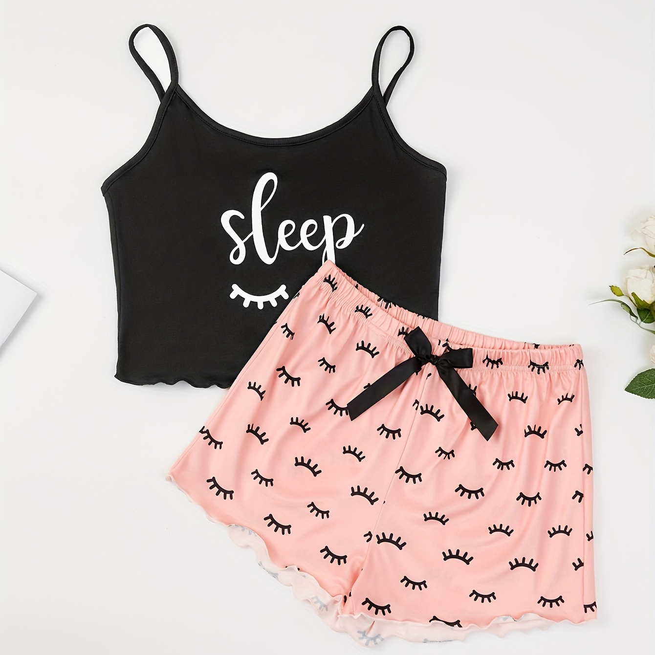

Letter Print Pajama Set, Crew Neck Cami Top & Lettuce Trim Shorts, Women's Sleepwear & Loungewear