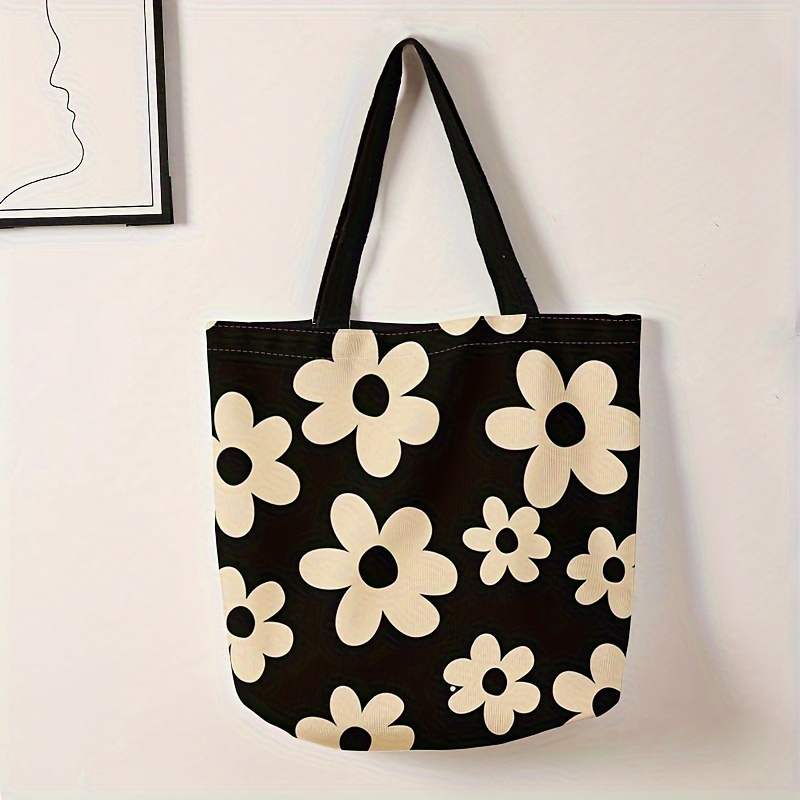

Flower Pattern Double-sided Printed Casual Tote Bag, Lightweight Large Shopping Bag, Fashion Canvas Shoulder Bag