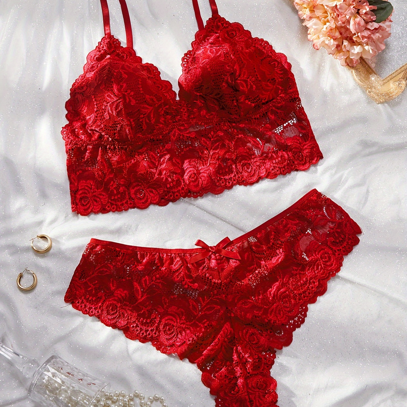 Sultry Floral Lace Lingerie Set, Push Up Bra & Bow Tie Panties, Women's  Sexy Lingerie & Underwear
