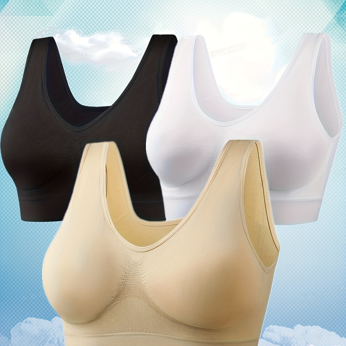 

3 Pack Plus Size Casual Bra, Women's Plus Solid Ribbed No Padding Breathable Tank Bra 3 Piece Set