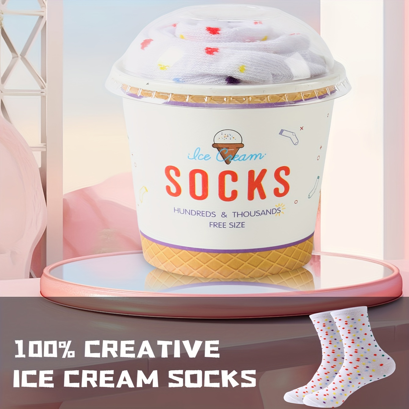 

1 Pair Ice Cream Cone Pattern Women's Socks, 95% Polyester 5% Elastane, Knit Fabric, Geometric Food-themed, Breathable, Hand Wash Only, 310g/m² - Fun Novelty Gift For Casual, Home, Party, All