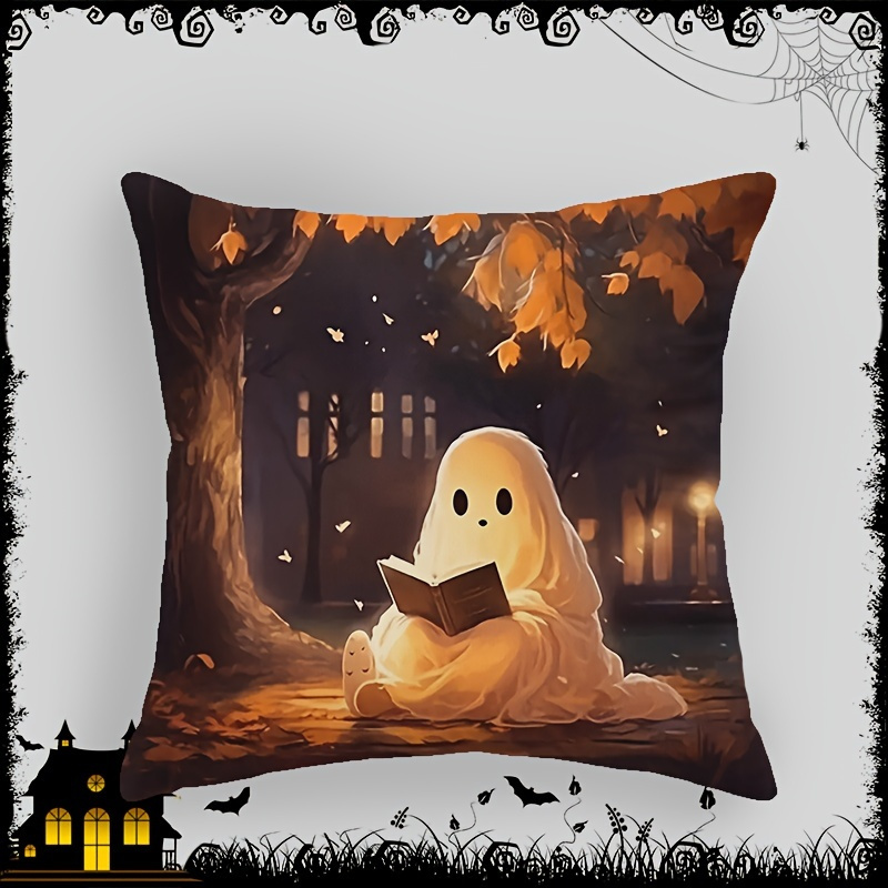 

Spooky Ghost Halloween Pillow Cover 17.7x17.7" - Zippered, Machine Washable Polyester Cushion Case For Sofa & Outdoor Decor