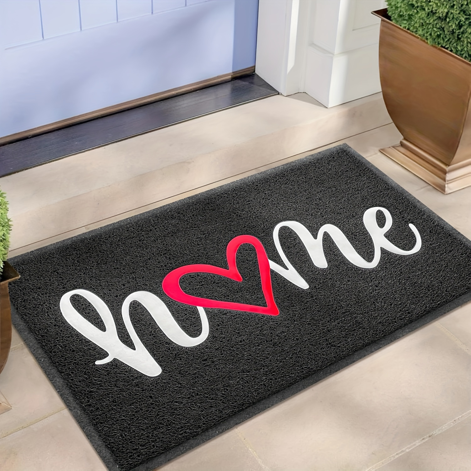 

Outdoor Doormat With Heart Design - Pvc Non-slip Welcome Mat For Home Entrance, Low Profile, Waterproof, Easy Clean Hand Washable Entryway Rug For Patio, Front Door - Black