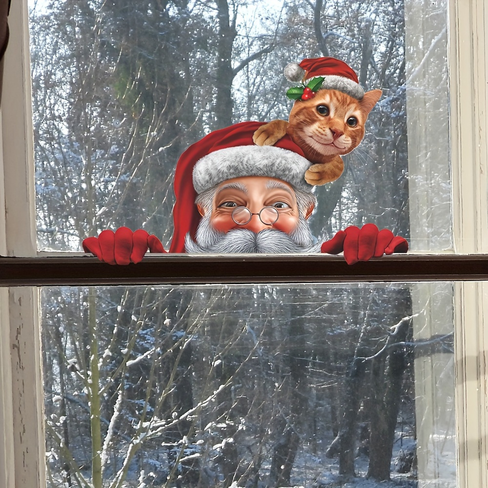 

1pc Contemporary Santa & Kitten Window Cling, Christmas And New Year Holiday Decor, Removable Double-sided Visual Pvc Sticker For Living Room, Bedroom, Dining, Study, And Glass Window Decorations