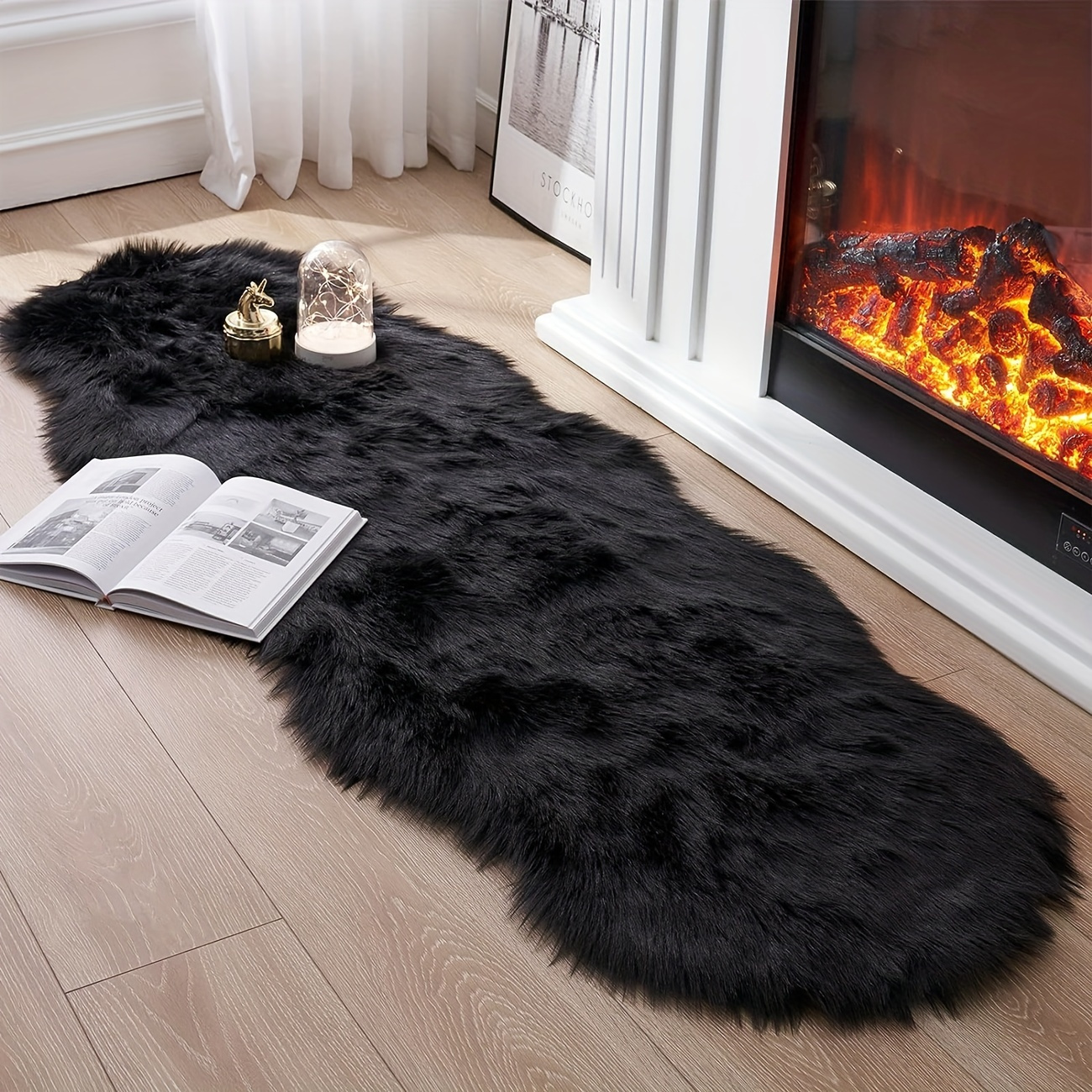 

1pc Faux Fur Rug, Bedroom, Soft Sheepskin Rug, Sofa, Couch Seat Cushion, 2×6ft Black Plush Rug, Carpet, Floor Rug Furry Home Decor
