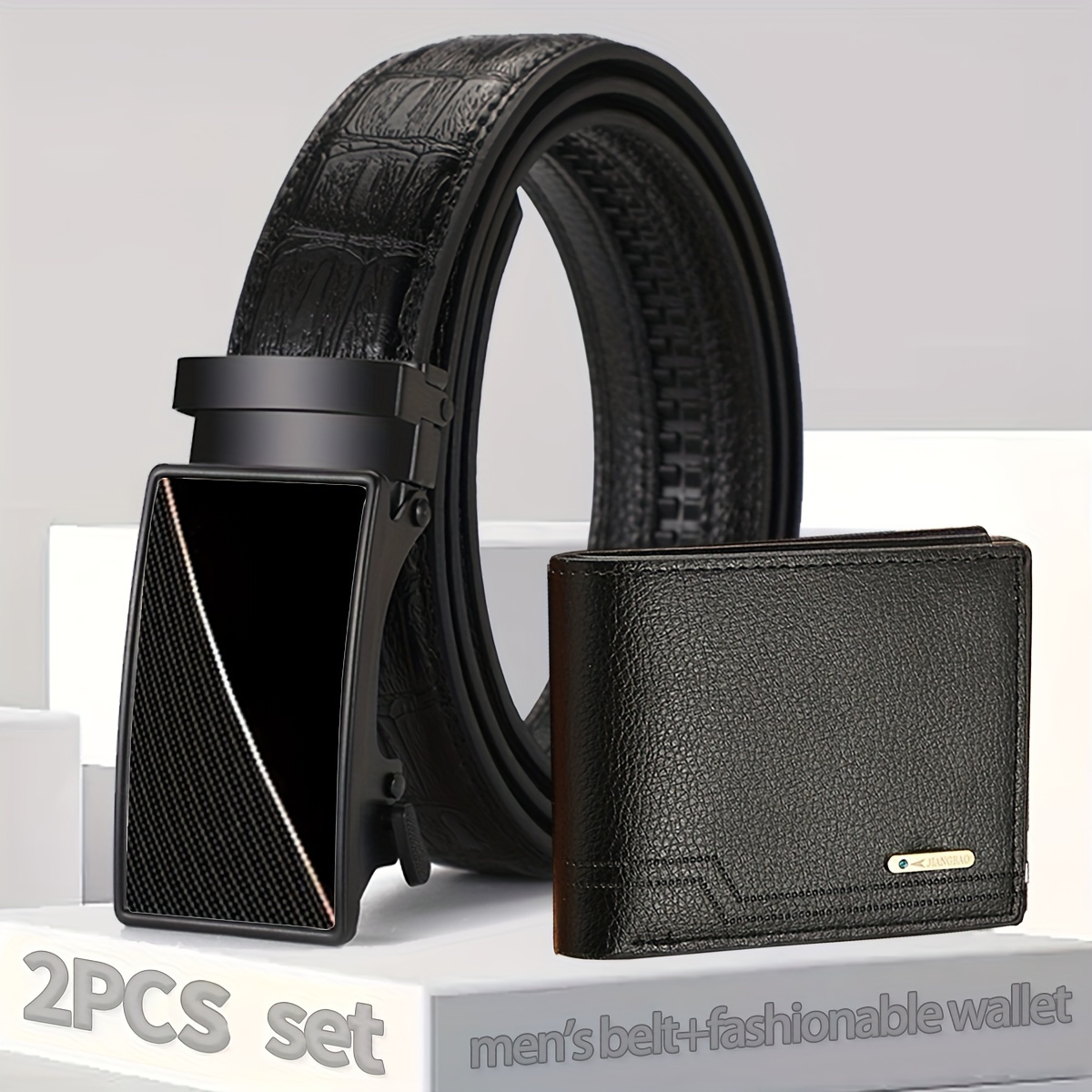 

2pcs Crocodile Print Men's Belt, Men's Leather Belt + Wallet Set, Black Automatic Buckle Belt For Boyfriend Dad Brother, Holiday Gift, All-match Casual Young Business Fashion Pants Belt-one Size
