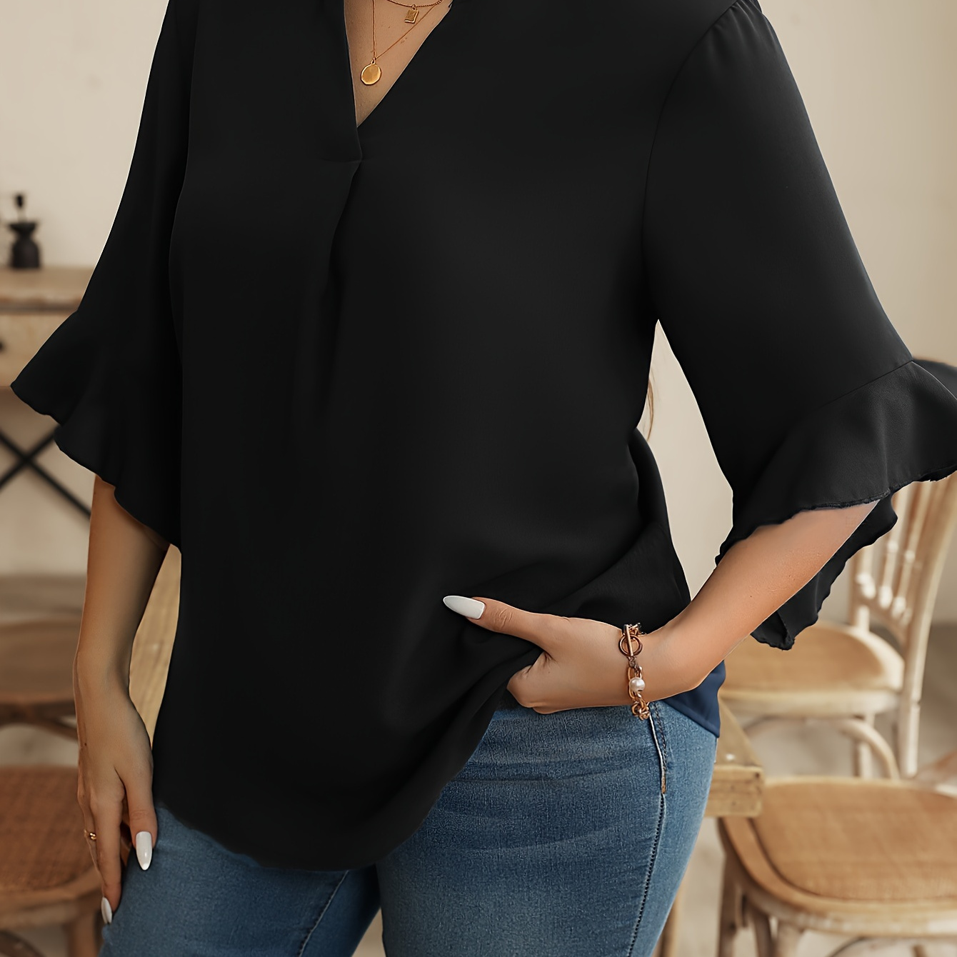 

Plus Size Ruffle Sleeve Blouse, Casual V Neck Solid Blouse For Spring & Summer, Women's Plus Size clothing