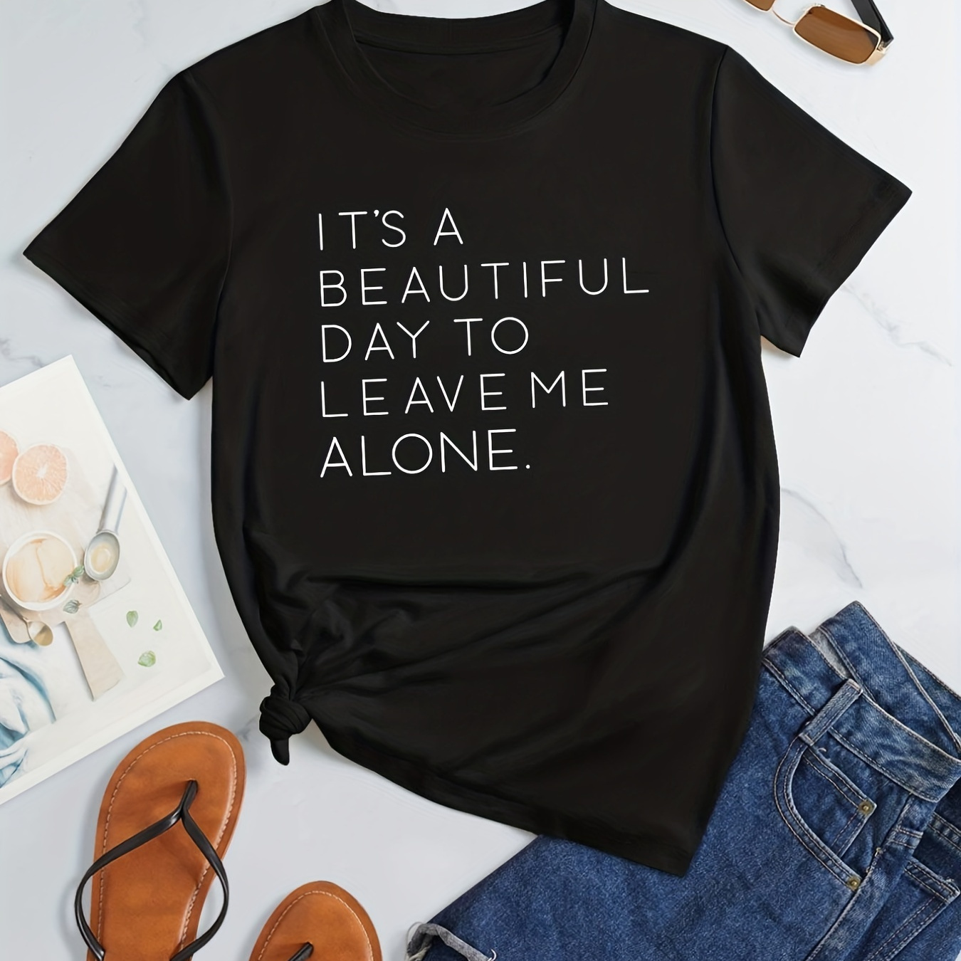 

Casual Leave Me Alone Print Crew Neck T-shirt, Loose Short Sleeve Fashion Summer T-shirts Tops, Women's Clothing