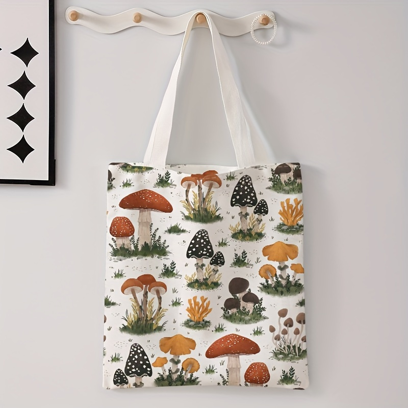 

1pc Men's Hand-painted Mushroom Pattern Double-sided Print Casual Tote Bag, Trendy Reusable Versatile Handbag, Letter Print Canvas Shopper Bag
