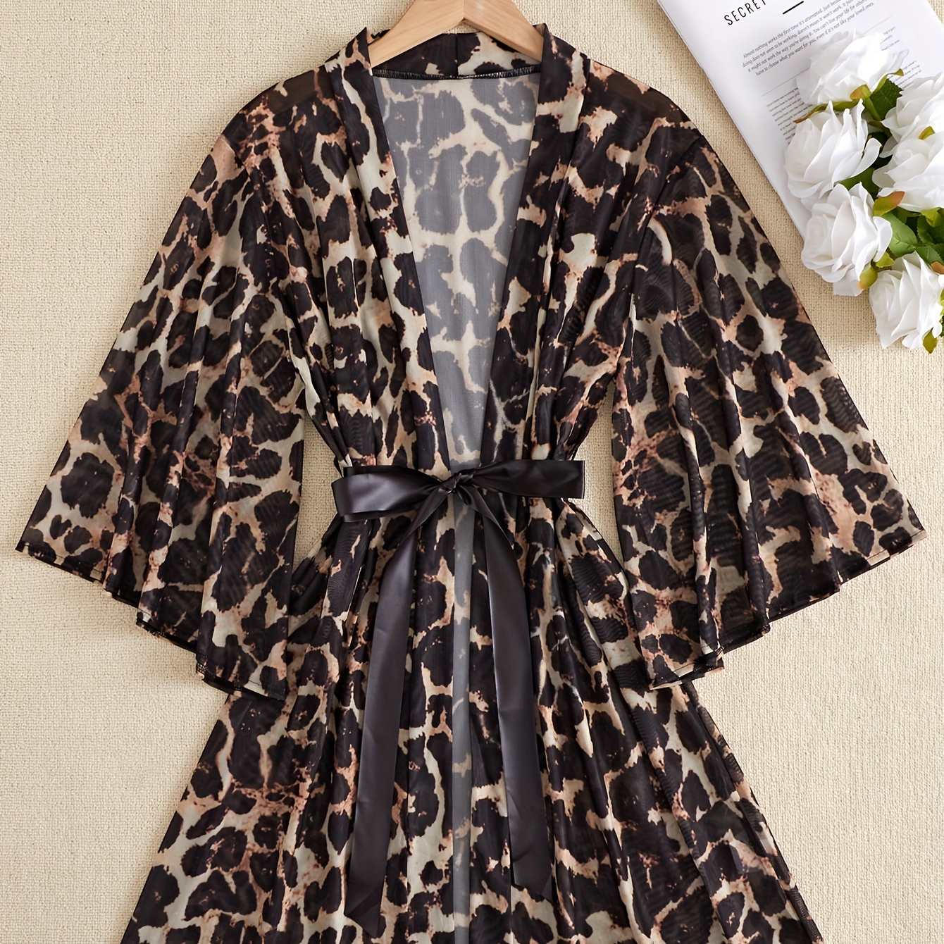 

Leopard Print Night Robe, Sexy V Neck Wide Sleeve House Robe With Belt, Women's Sleepwear