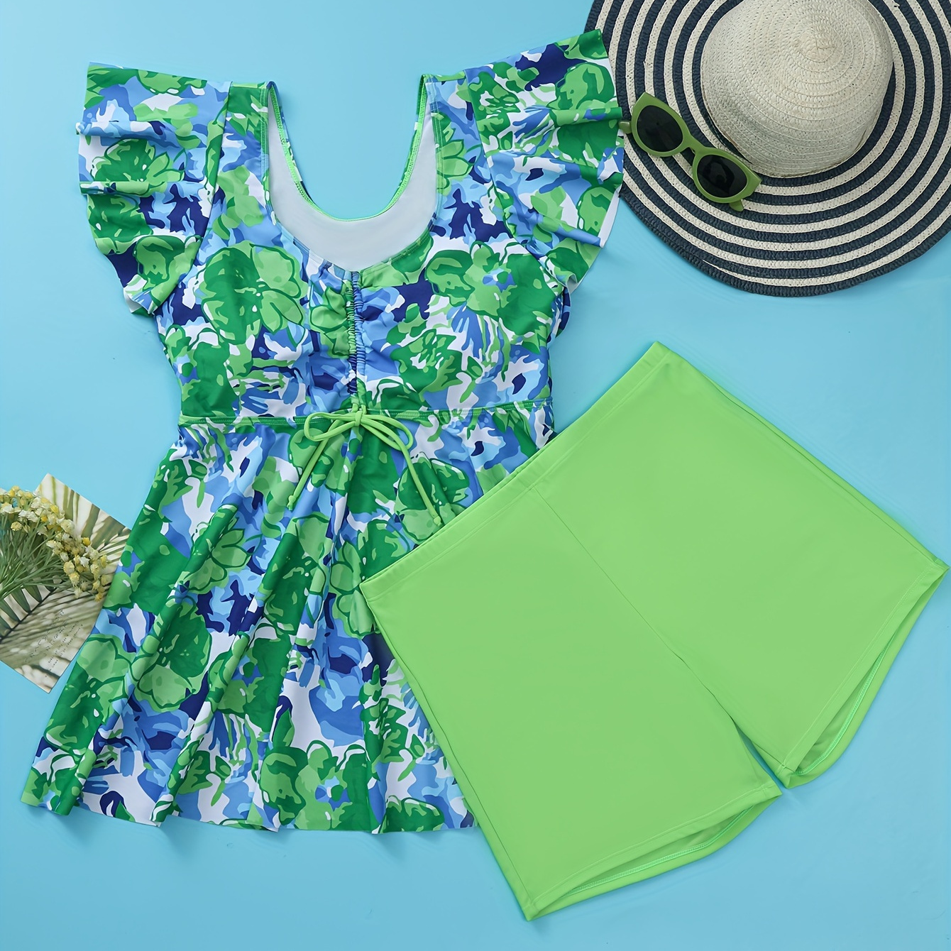 

Plus Size Vacay Tankini Set, Women's Plus Floral Print Tie Ruched Front Butterfly Sleeve V Neck Peplum Top & Shorts Swimsuit 2 Piece Set