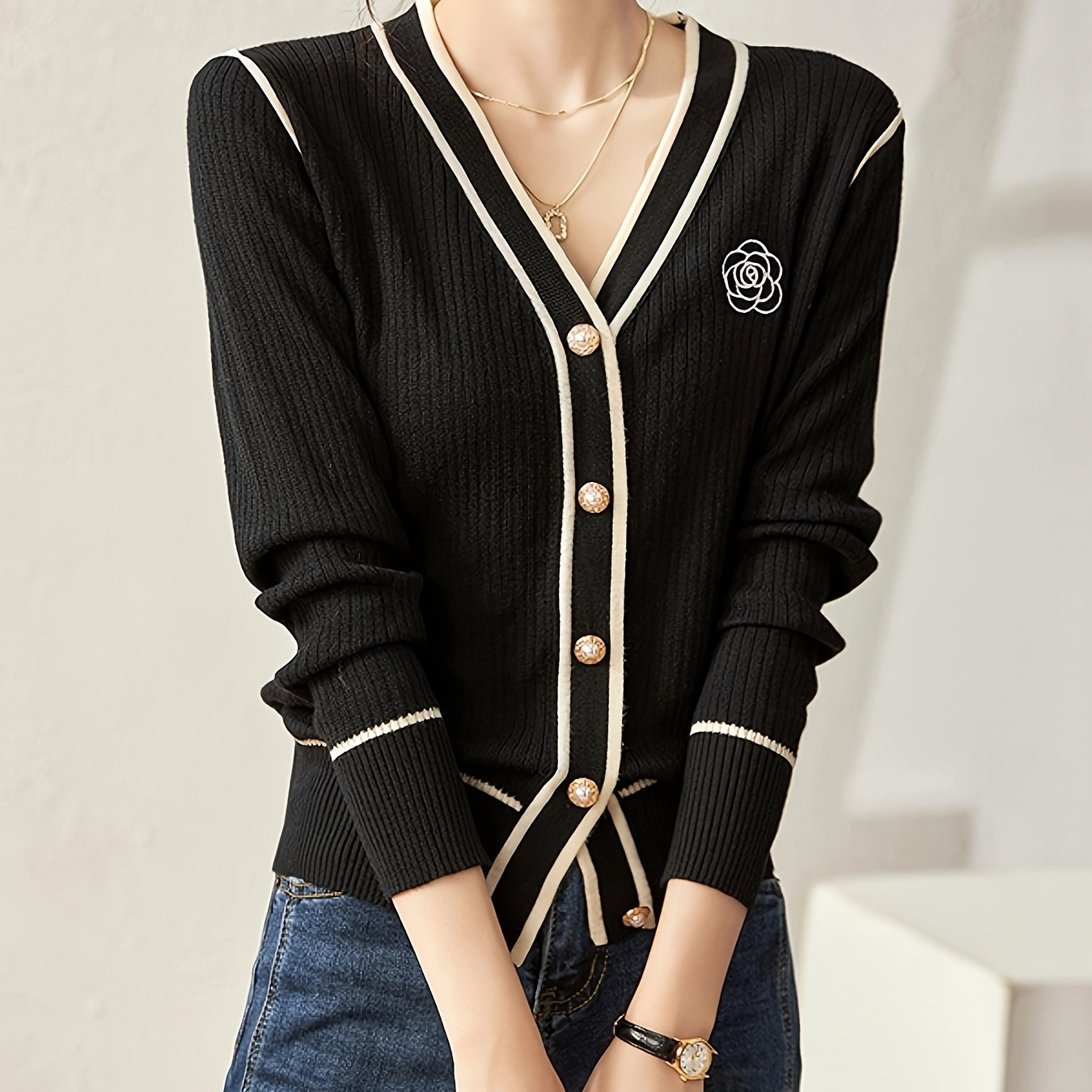 

Chic Spring 2024 Women's V-neck Cardigan - Casual Embroidered Knit Sweater, High Stretch Fabric, Machine Washable