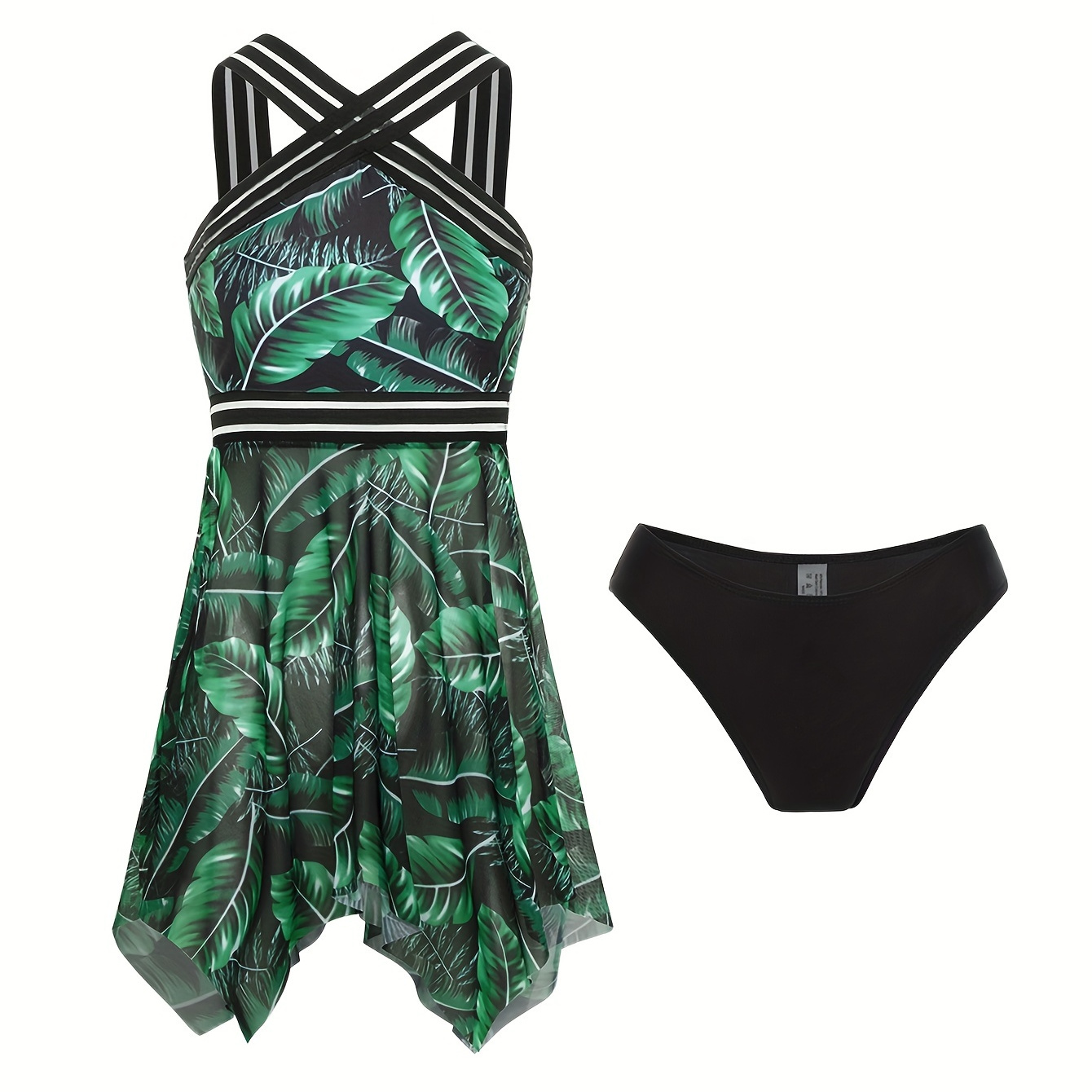 

Leaf Print Contrast Mesh 2 Pieces Swimsuit, Criss Cross Neck High Cut Casual Beachwear Bathing Suit, Women's Swimwear & Clothing