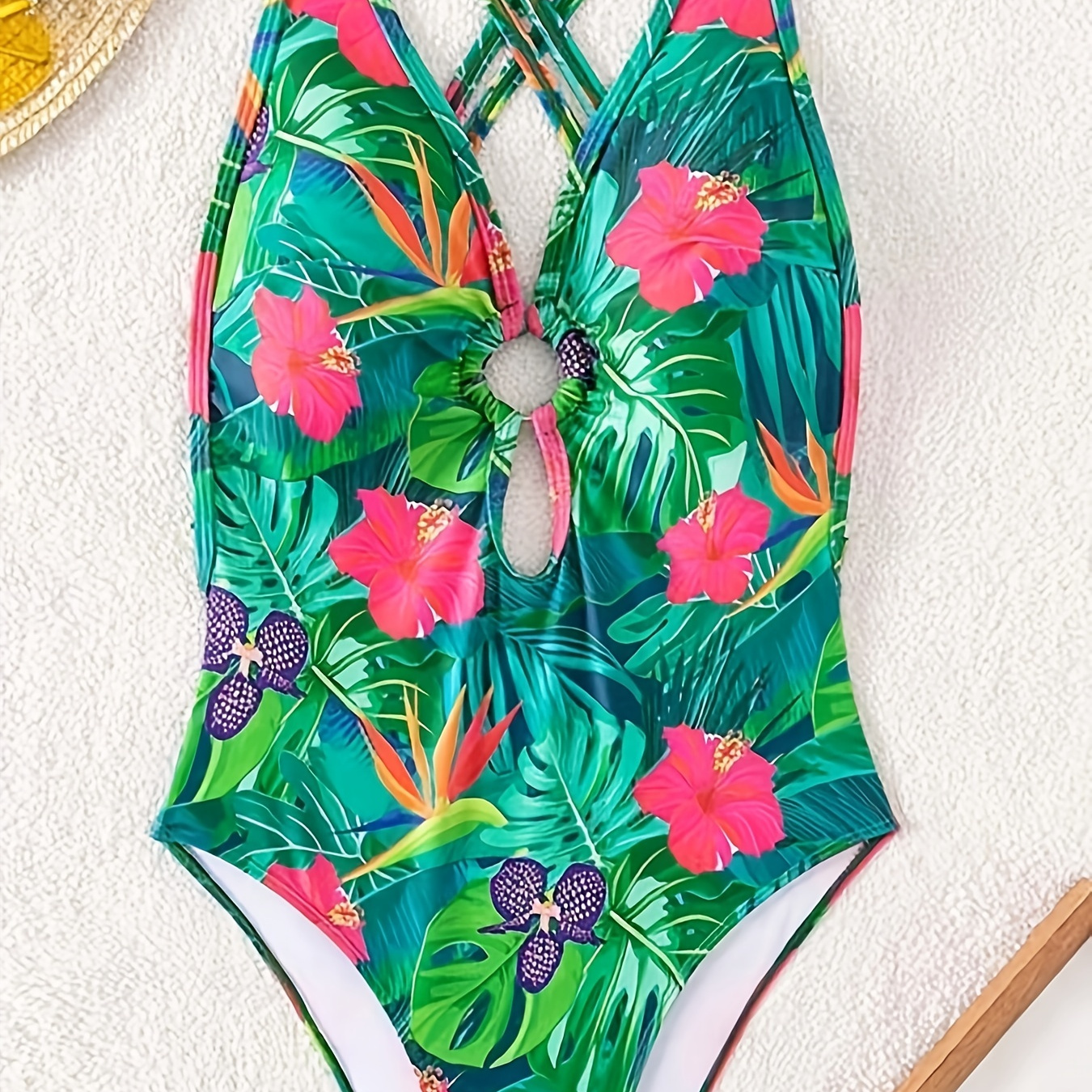 

Tropical Print One-piece Swimsuit, Ring-linked Criss Cross Straps Backless Bathing Suits, Women's Swimwear & Clothing