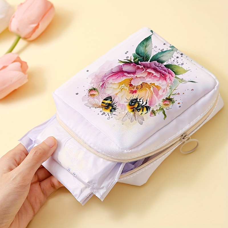 

Floral Bee Pattern Portable Sanitary Napkin Storage Pouch, 1pc, Mini Lightweight Organizer Bag For Feminine Products, Travel Size Cosmetic & Sundries Case