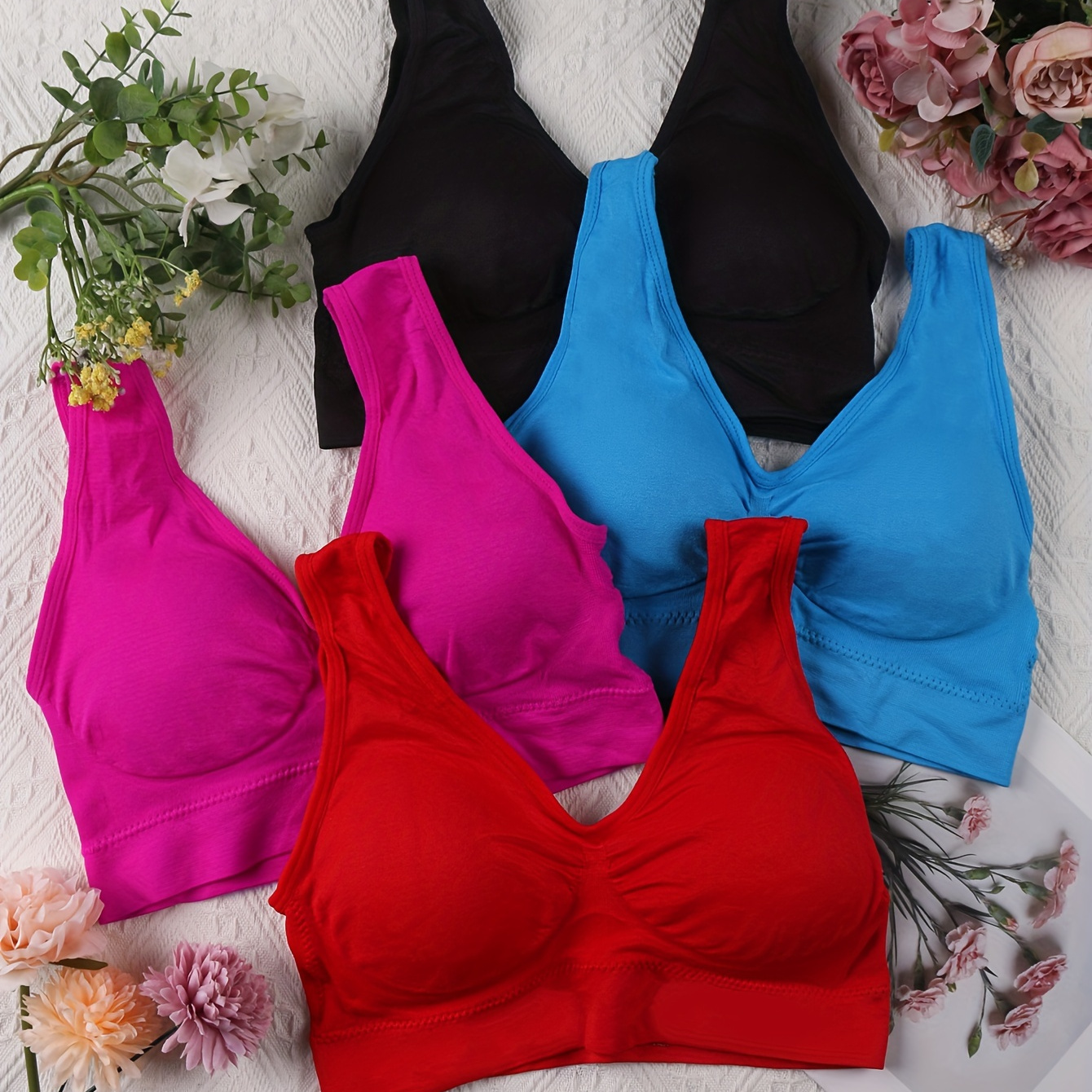 

4 Size Sports Bra Set, Women's Plus Solid & Breathable Sporty Bra 4 Piece Set