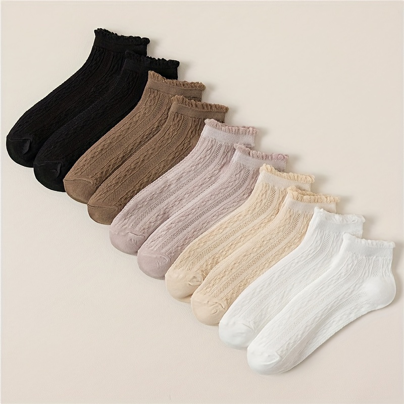 

10 Pairs Twist Pattern Socks, Kawaii & Sweet Ruffle Ankle Socks, Women's Stockings & Hosiery