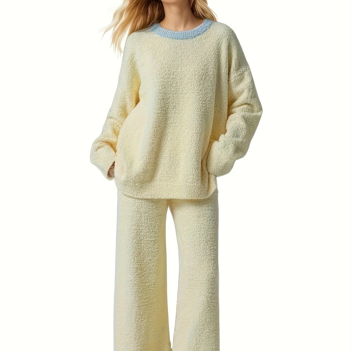 

Women's Colorblock Fuzzy Casual Pajama Set, Long Sleeve Round Neck Top & Pants, Comfortable Relaxed Fit For Fall & Winter