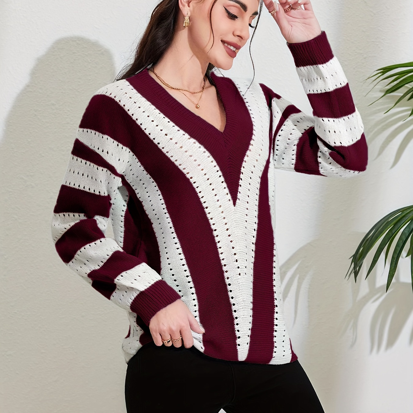 

Striped Pattern Eyelet V Neck Pullover Sweater, Casual Long Sleeve Sweater For Fall & Winter, Women's Clothing