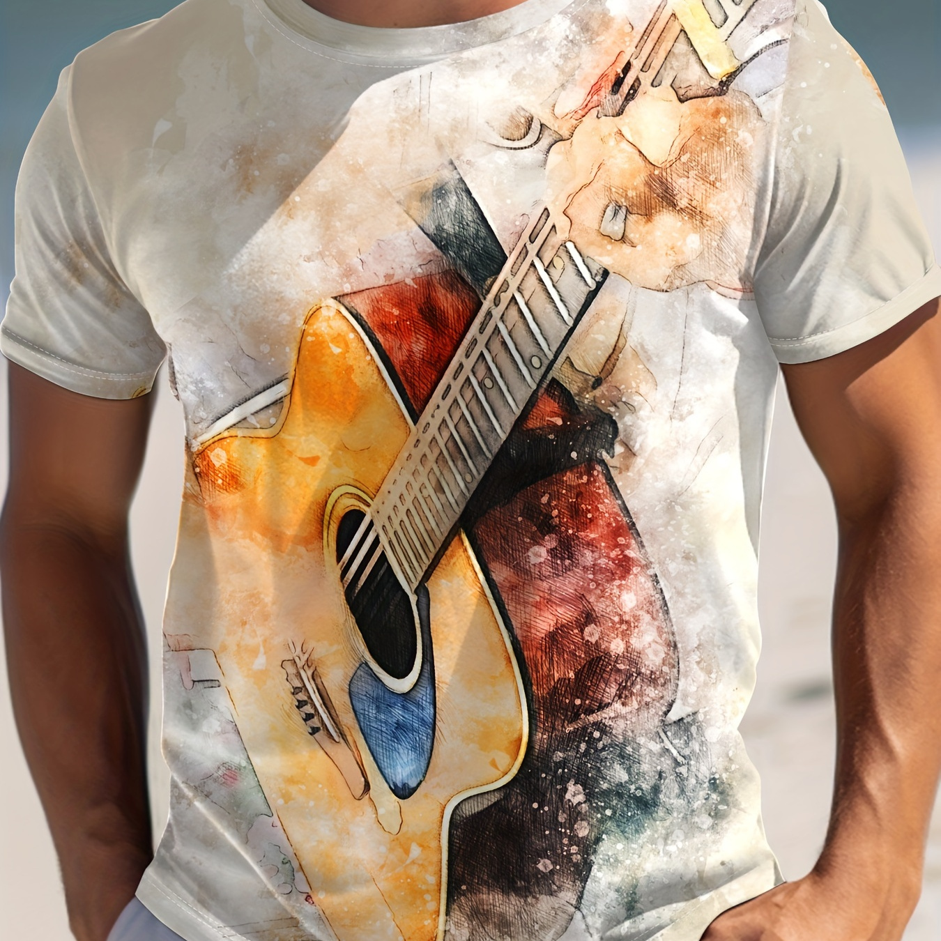 

Men's Guitar Graphic Print T-shirt, Casual Short Sleeve Crew Neck Tee, Men's Clothing For Outdoor