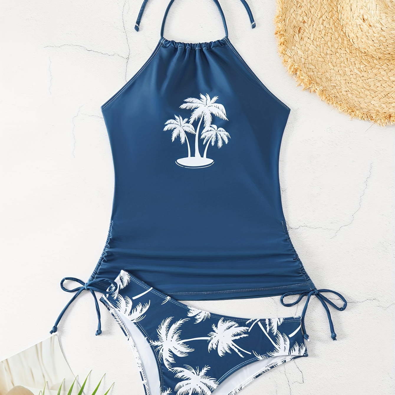 

Blue Coconut Tree Print Halter 2 Piece Set Tankini, Drawstring Stretchy Backless Swimsuit For Beach Pool Bathing, Women's Swimwear & Clothing