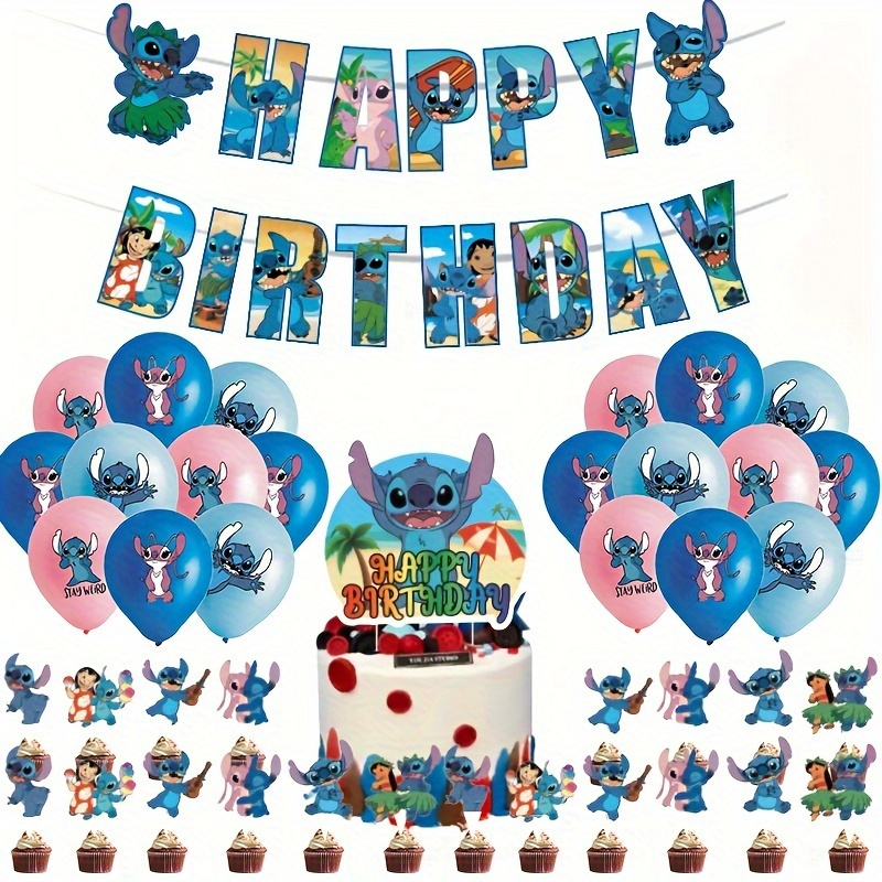

33pcs, Disney Stitch Hawaiian Style Party Set: Balloons, Banners, Cake Toppers, Cupcake Toppers (cupcake Not Included), Birthday, Graduation And Other Scene Decorations