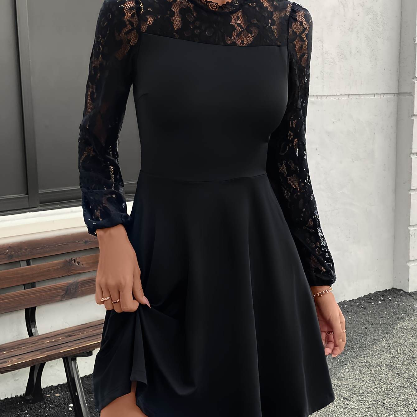 

Lace Splicing Crew Neck Dress, Elegant Long Sleeve Dress For Spring & Fall, Women's Clothing