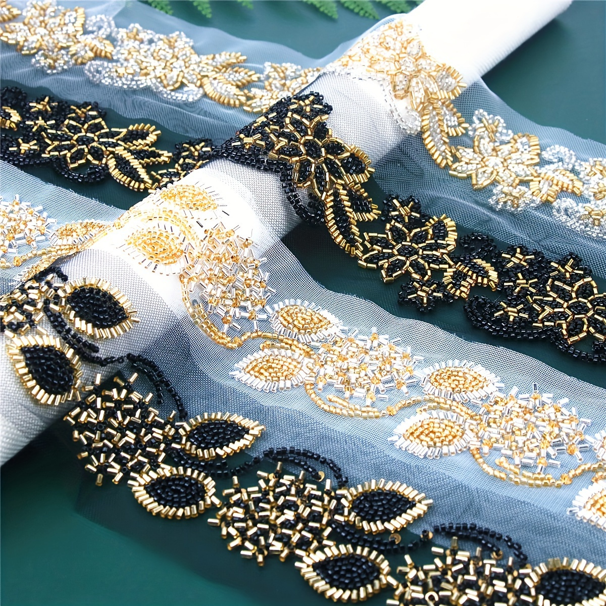 

Luxurious 1 Yard Golden & Black Beaded Sequin Lace Trim - Elegant Embroidery For Wedding Dresses, Hats, And Handmade Accessories