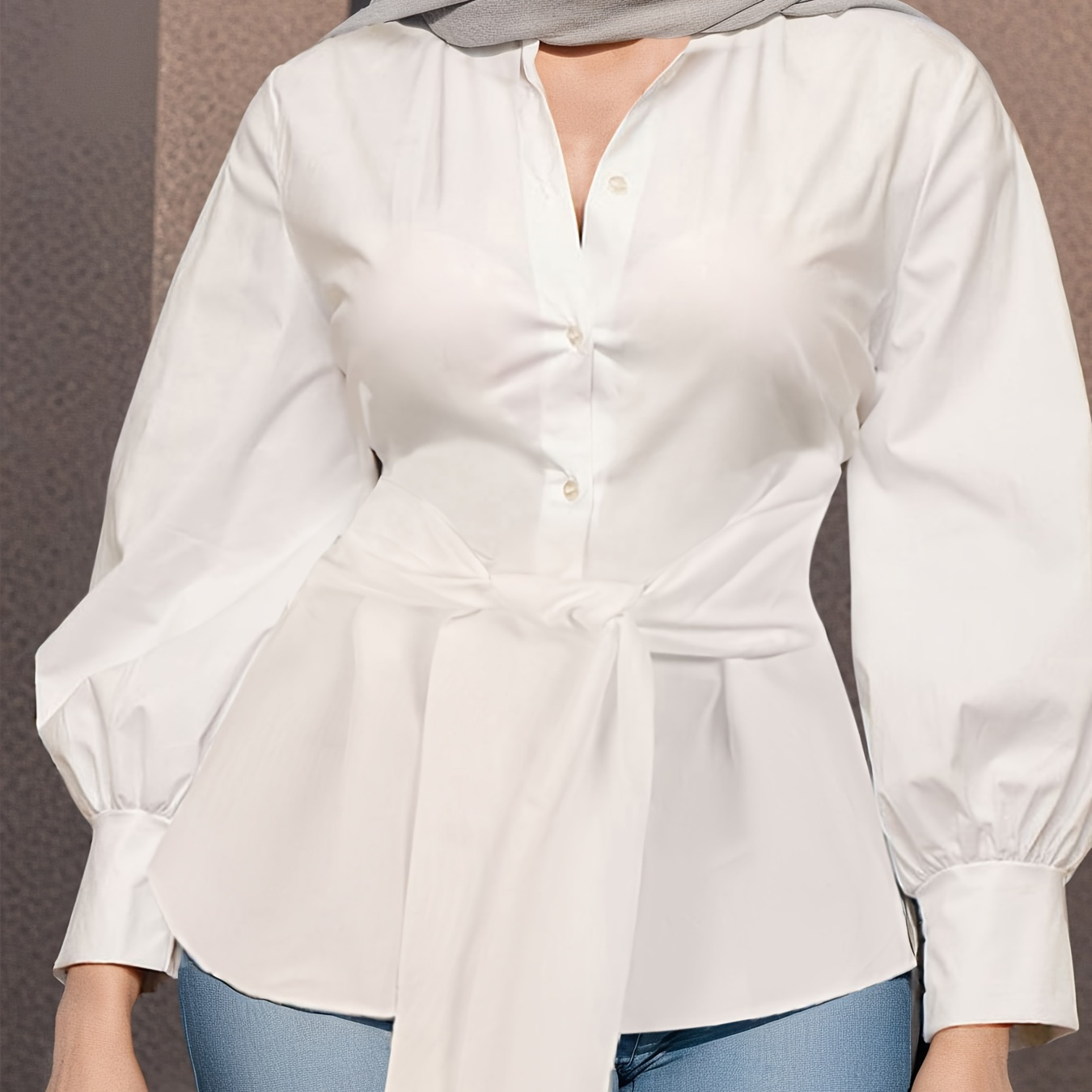 

Plus Size Solid Collared Shirt, Casual Long Sleeve Button Front Shirt, Women's Plus Size clothing