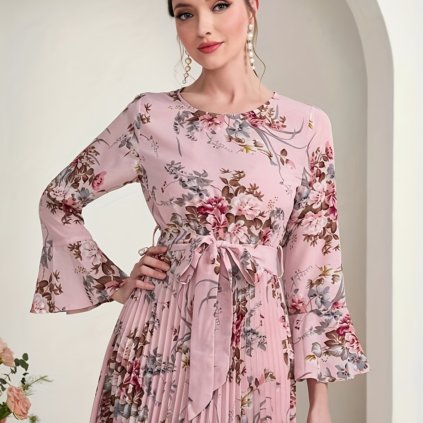 

Belted Pleated Floral Print Dress, Elegant Crew Neck Long Sleeve Dress For Spring & Fall, Women's Clothing For Ramadan