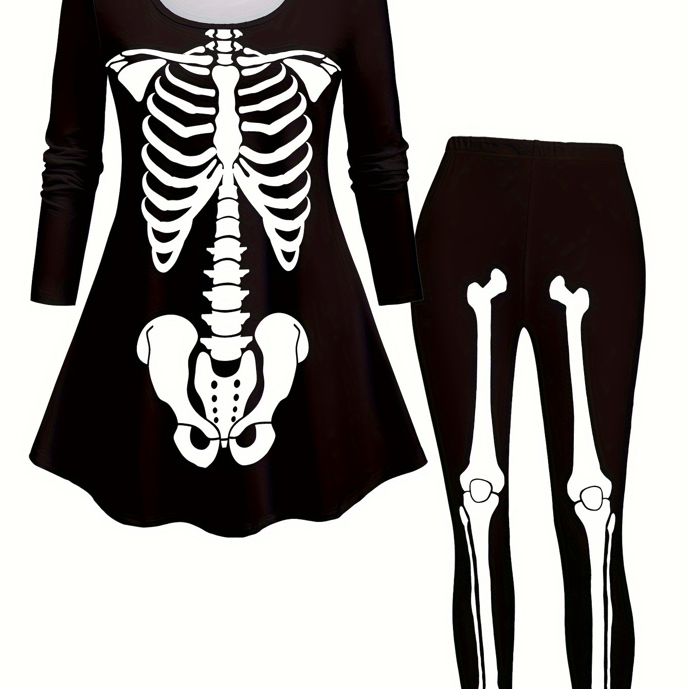 

Halloween Costume Long Sleeve Skull Print T-shirt And Tight Bottom Set - Black