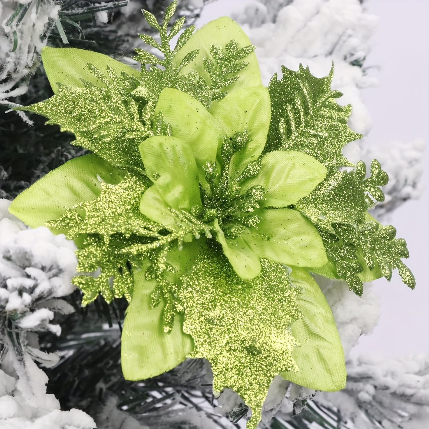 

10pcs Sparkling Christmas Flower Decorations With Clips & Stems - Diy Wreaths, Tree Ornaments & Party Decor (lime Green), Fake Flowers, Christmas Tree Decorations