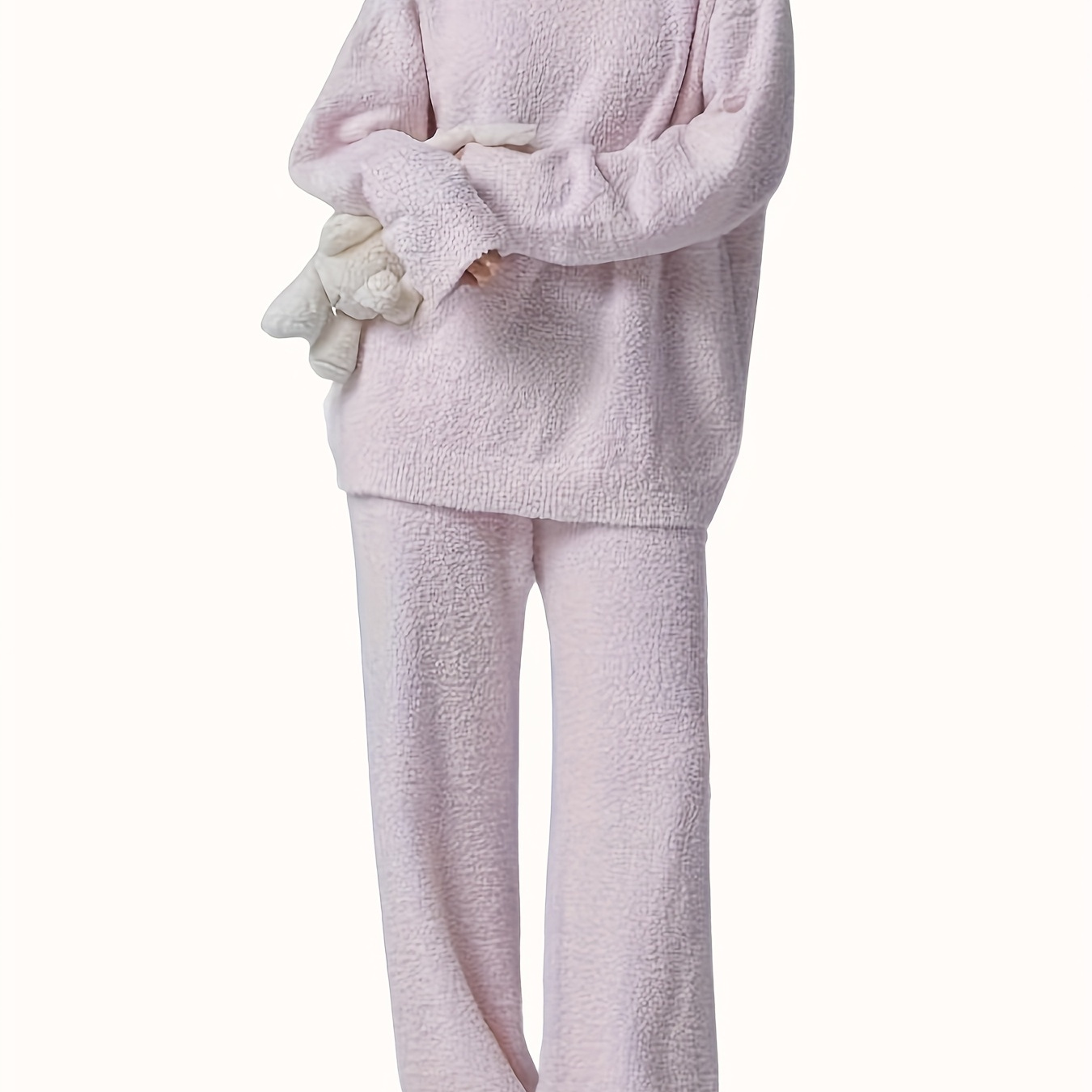 

Women' Fleece Set, Long Sleeve Round Neck Top & Pants, Comfortable Relaxed Fit For Fall & Winter