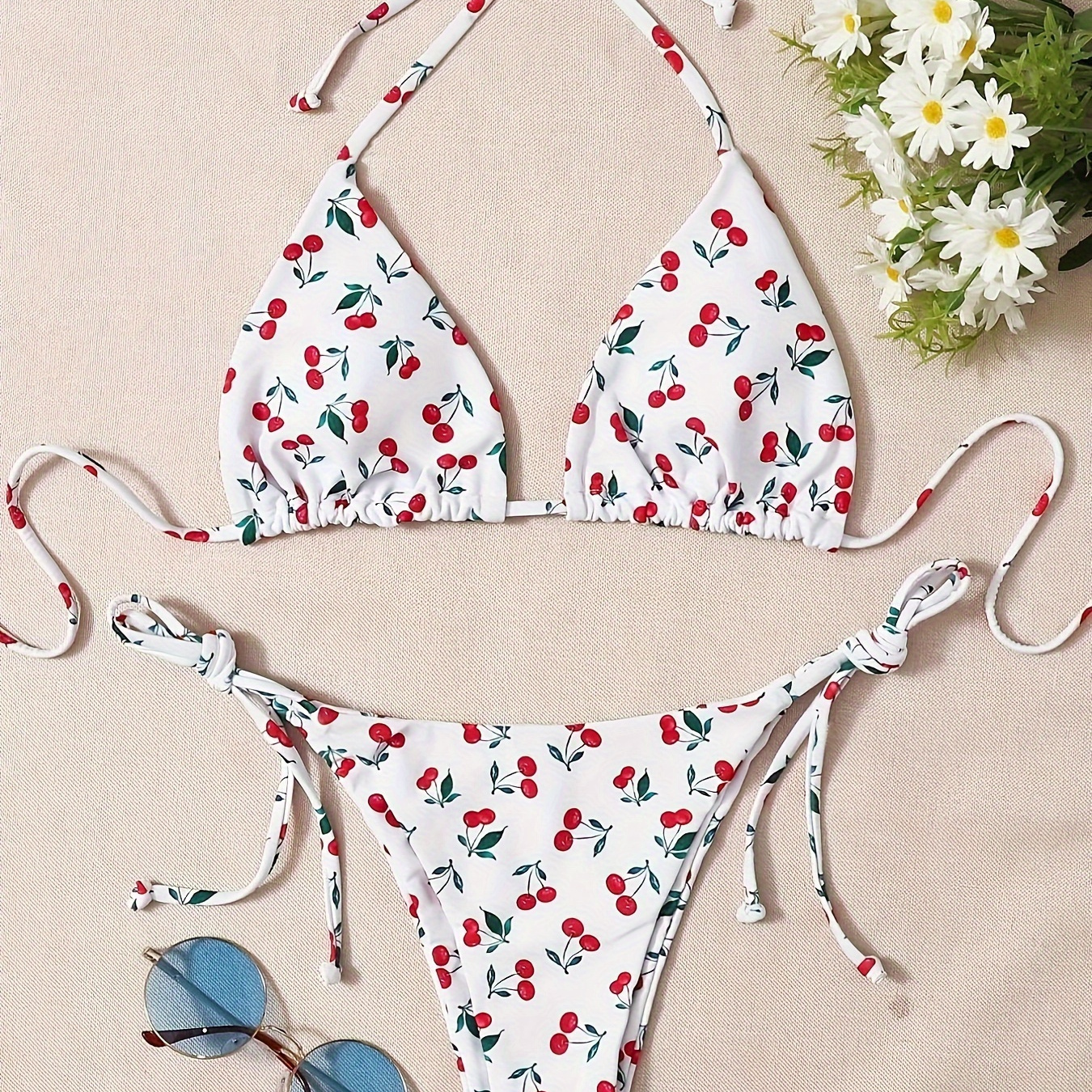 Cute Cherry Print Halter 2 Piece Set Bikini, Tie Side Striangle Tie Back  Stretchy Swimsuits, Women's Swimwear & Clothing