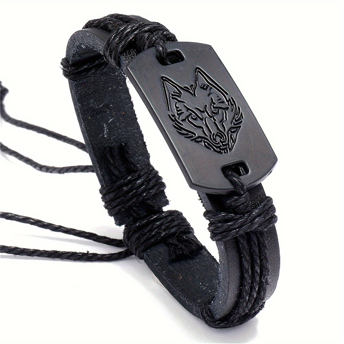 

Huanming Men's Punk Style Black Wolf Head Faux Leather Bracelet - Handcrafted Braided Faux Leather Wristband