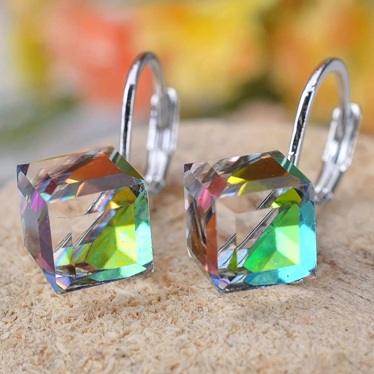 

Creative Colorful Magic Cube Design Hoop Earrings Artificial Crystal Jewelry Elegant Luxury Style Female Party Earrings