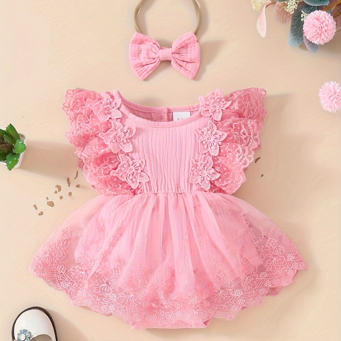 

Baby's Lace Flower Embroidered Mesh Muslin Dress, Solid Color Lovely Sleeveless Dress, Infant & Toddler Girl's Clothing For Summer