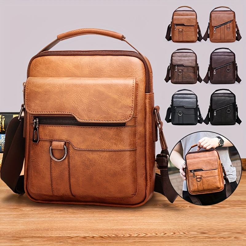 

1pc Men's Pu Leather Shoulder Bag, Large Capacity Casual Messenger Bag, Simple Business Trendy Sling Bag