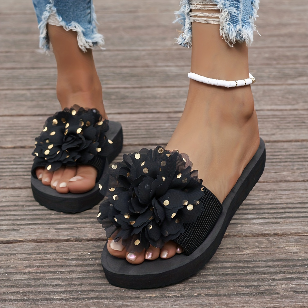 

Women's Sequins Floral Decor Sandals, Slip On Casual Lightweight Beach Slides, Non-slip Summer Wedge Slides For Music Festival